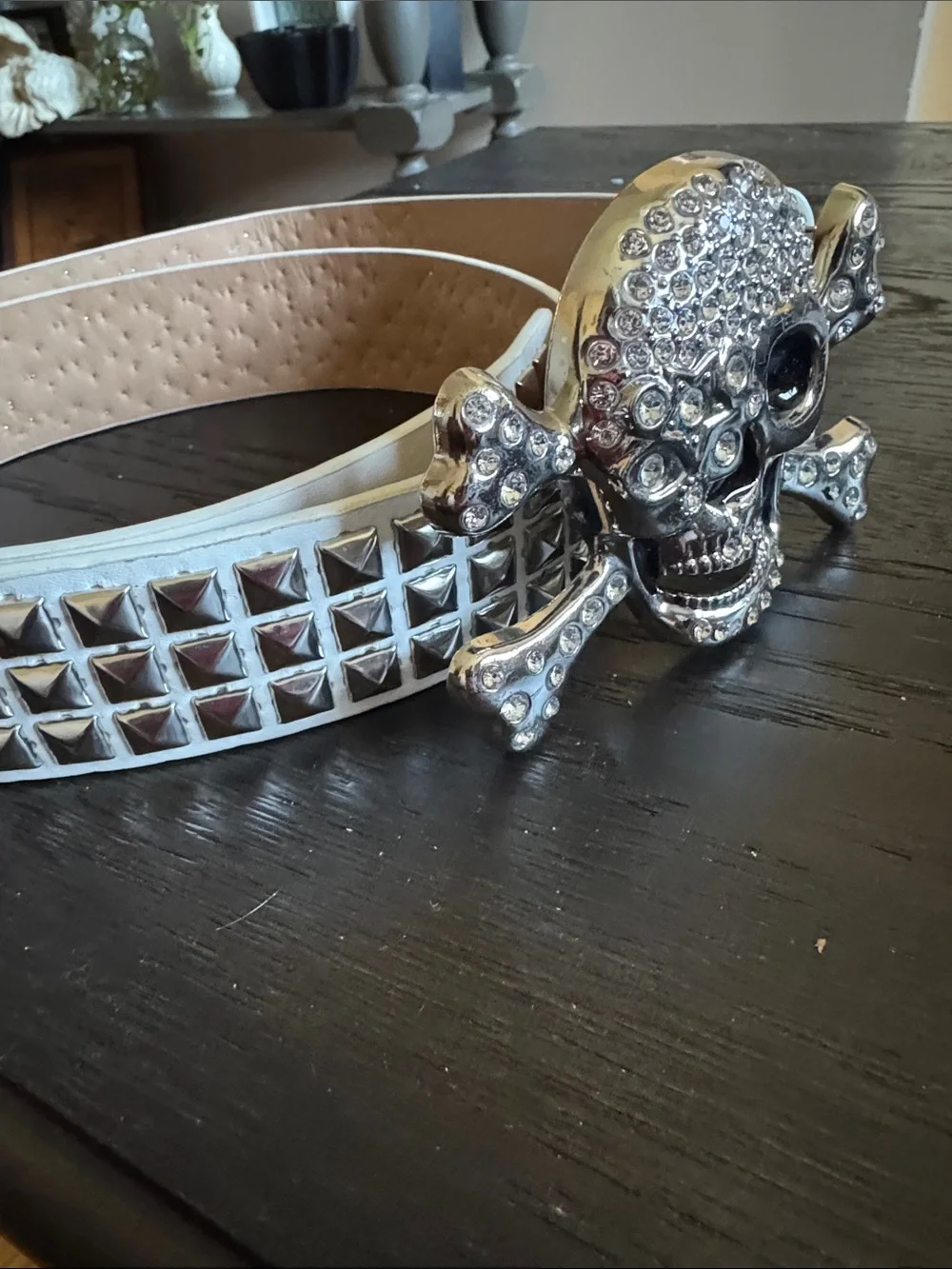 Studded Skull Buckle Belt - Black and White